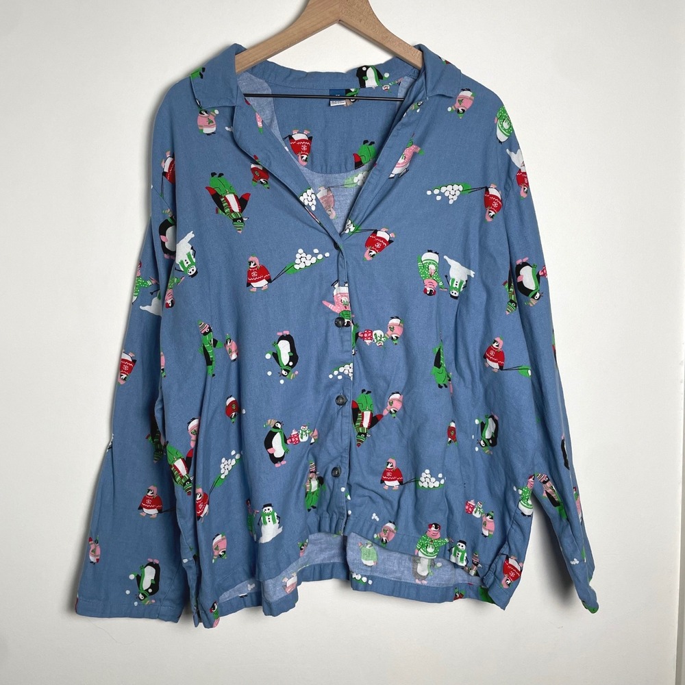 Old Navy Pajama Top Womens 2X Blue Penguin Snowman Christmas Holiday Novelty